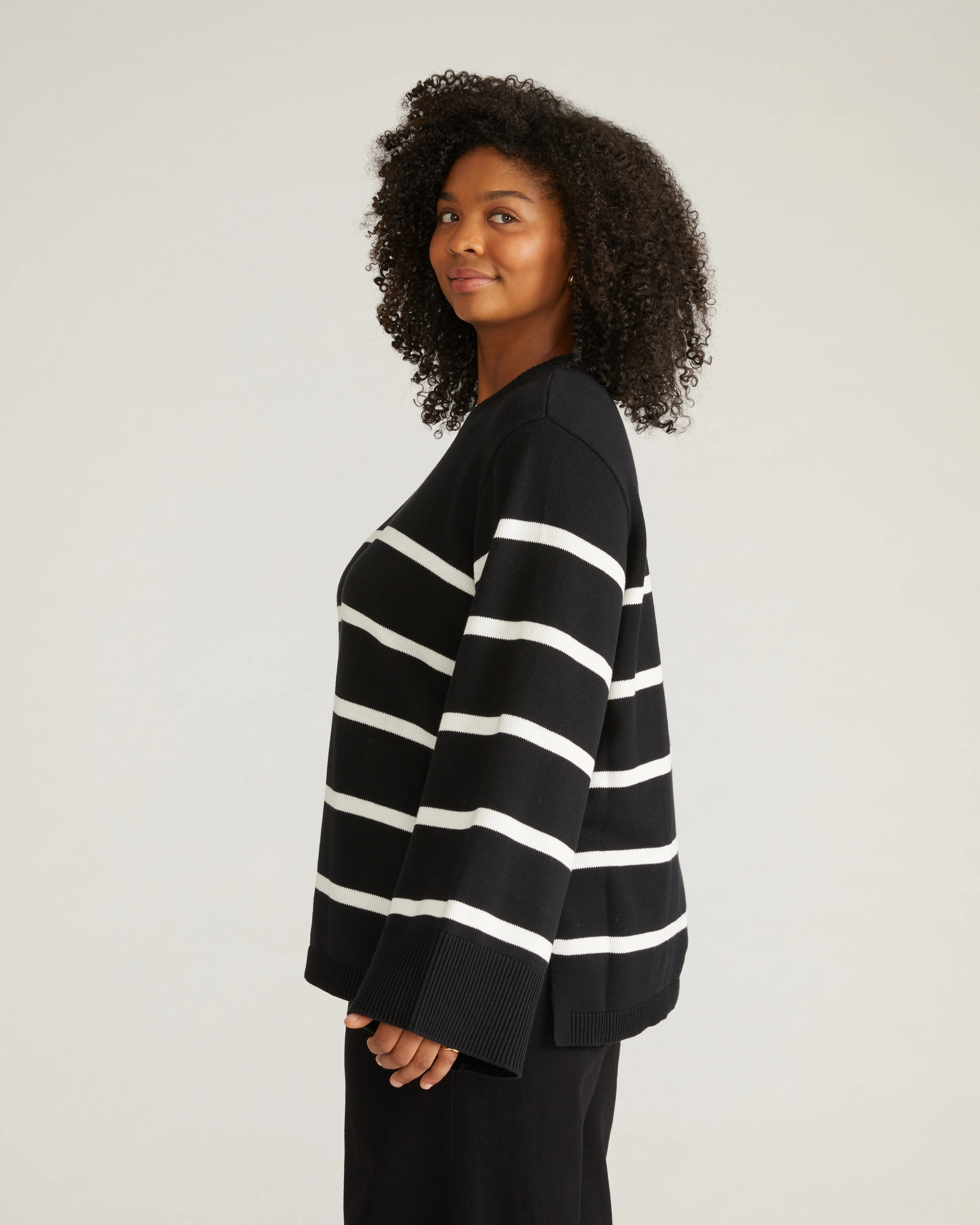 Bardot Wide Sleeve Cotton Sweater - Black/White - Image 2