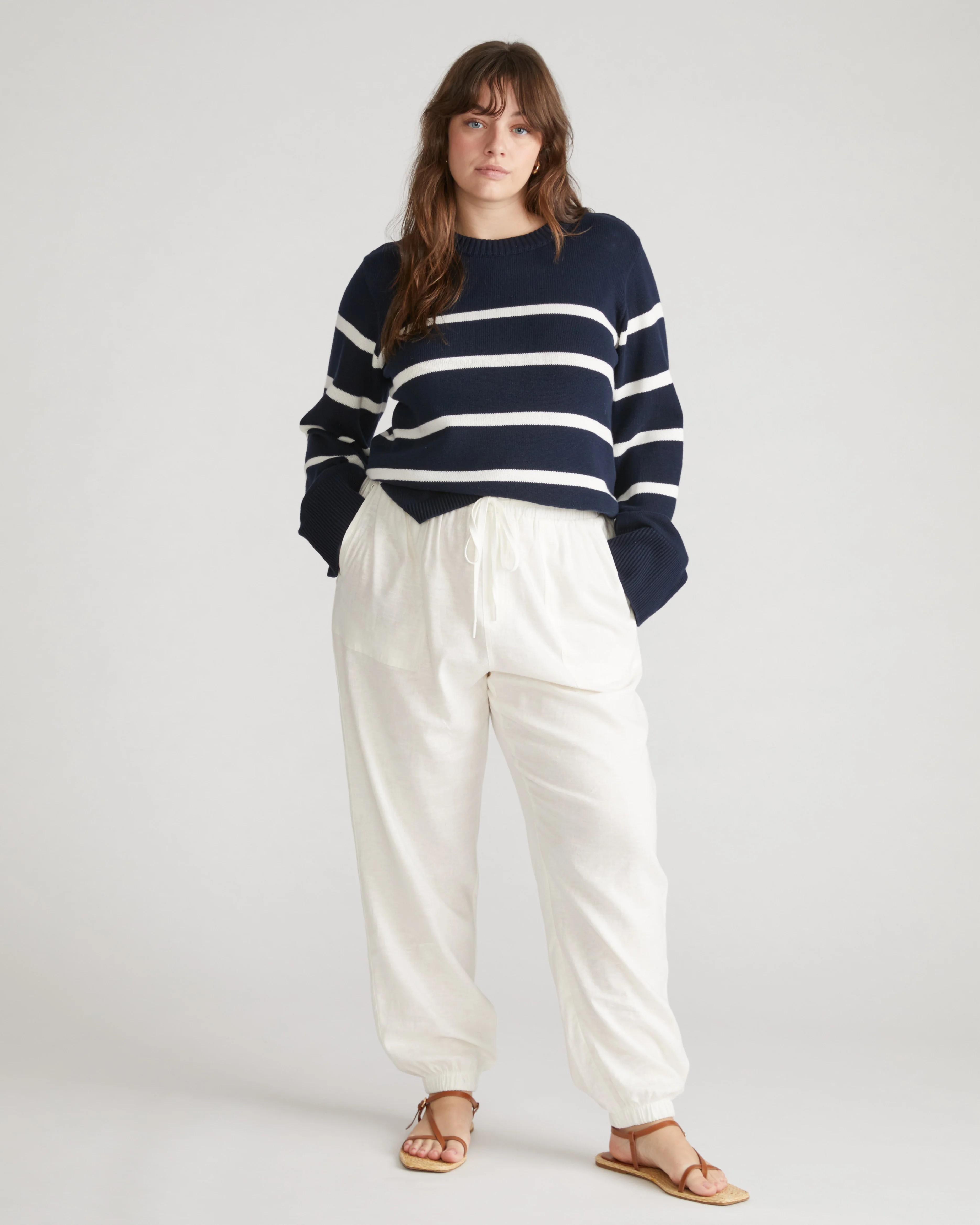Bardot Wide Sleeve Cotton Sweater - Navy/White - Image 2