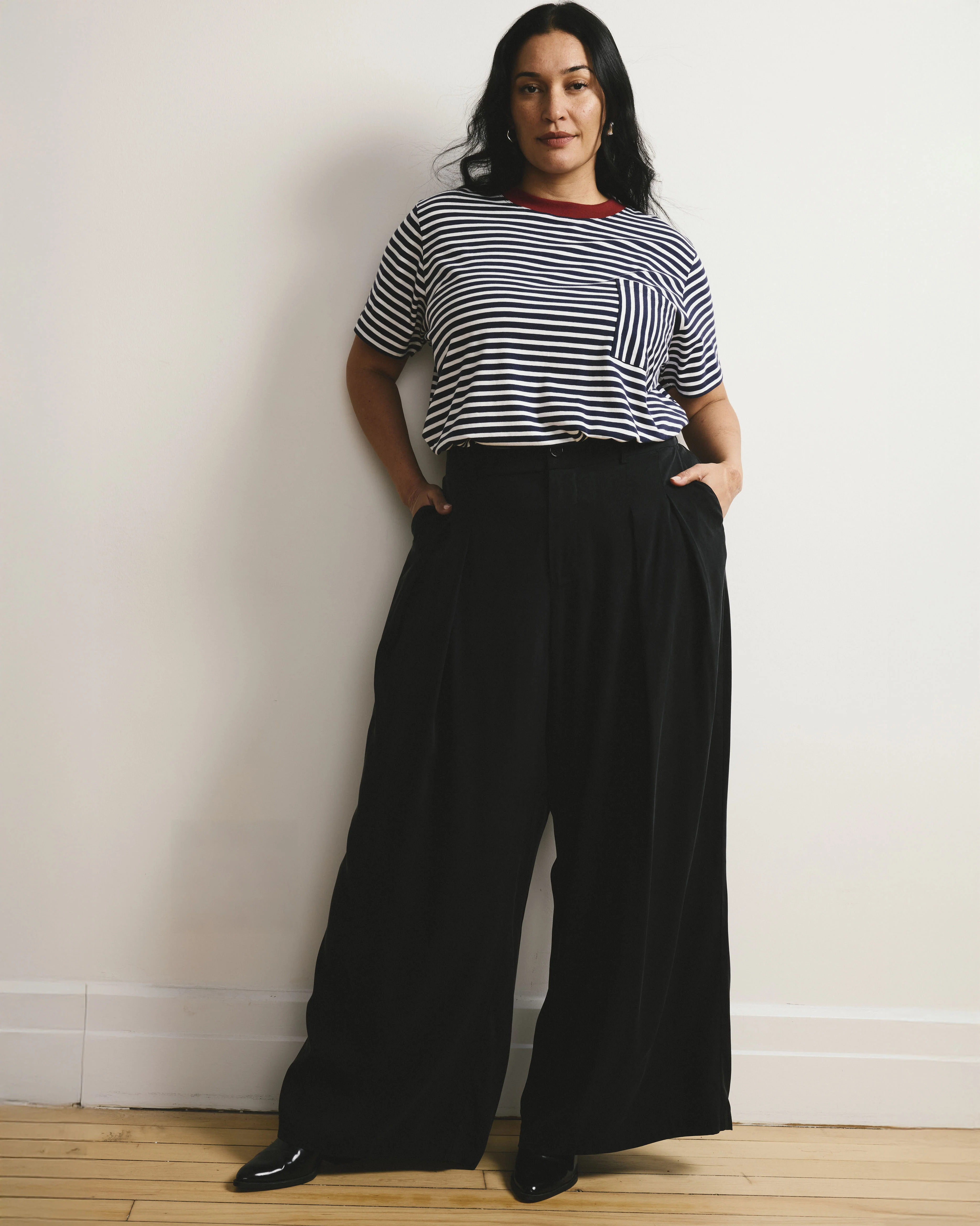 Garcon Tee - Navy/White Stripe with Garnet Trim