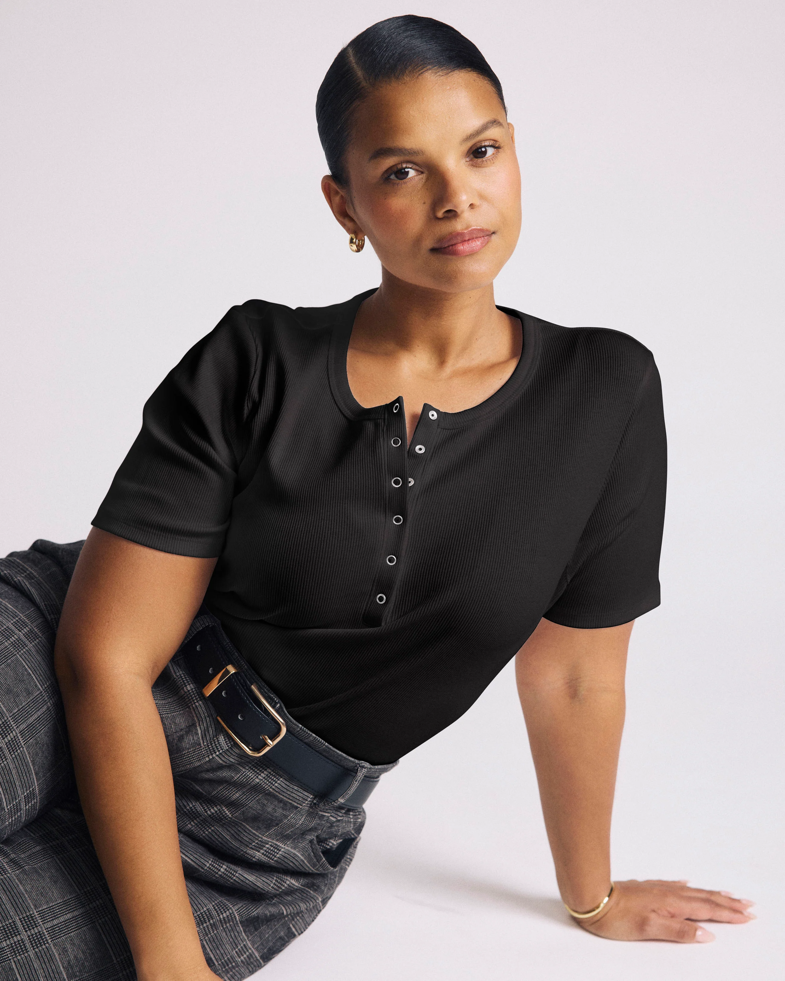 Henley Short Sleeve Ribbed Tee - Black