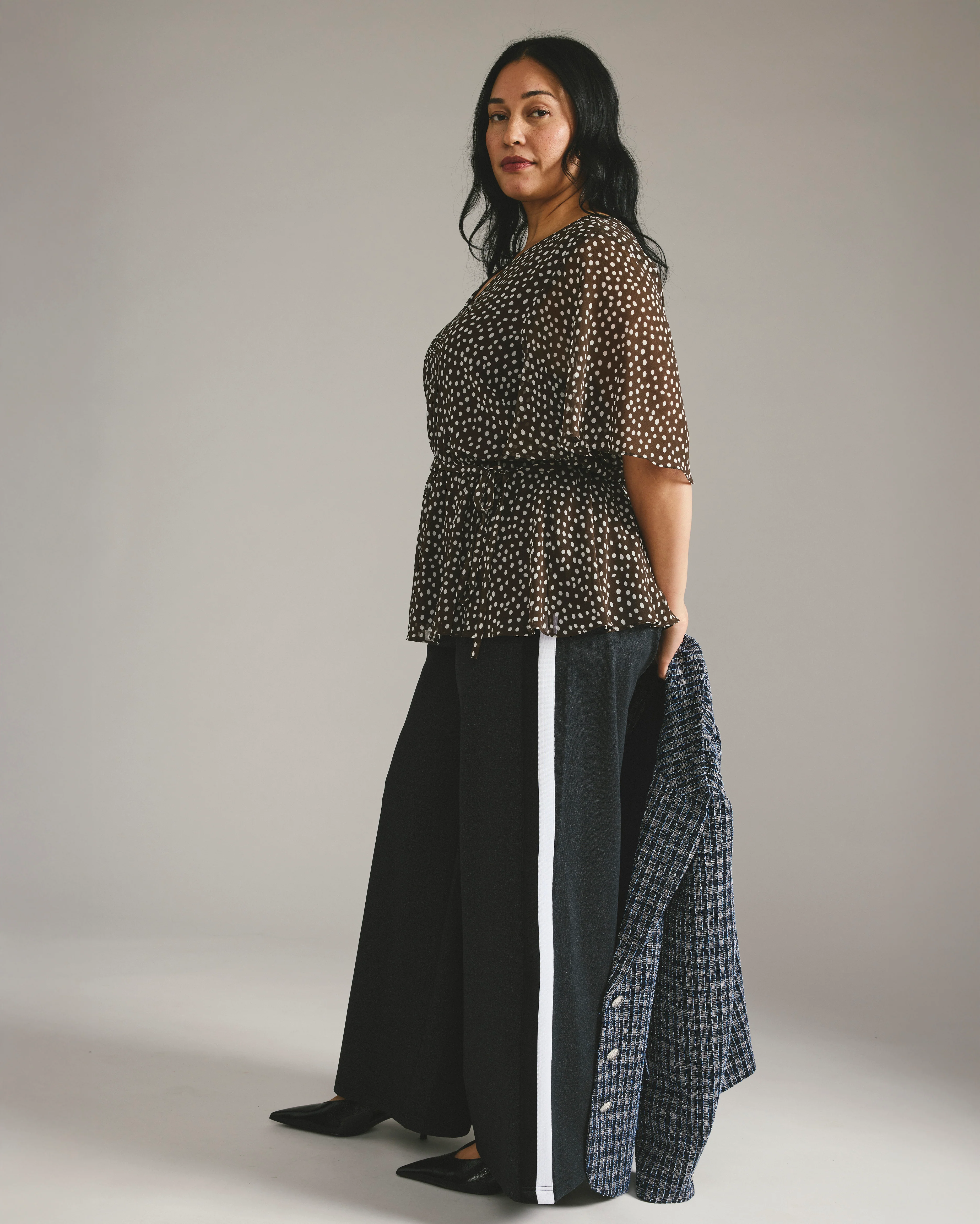 Milou V-Neck Peplum Chiffon Top - Brown/White Dot Print - Image 4