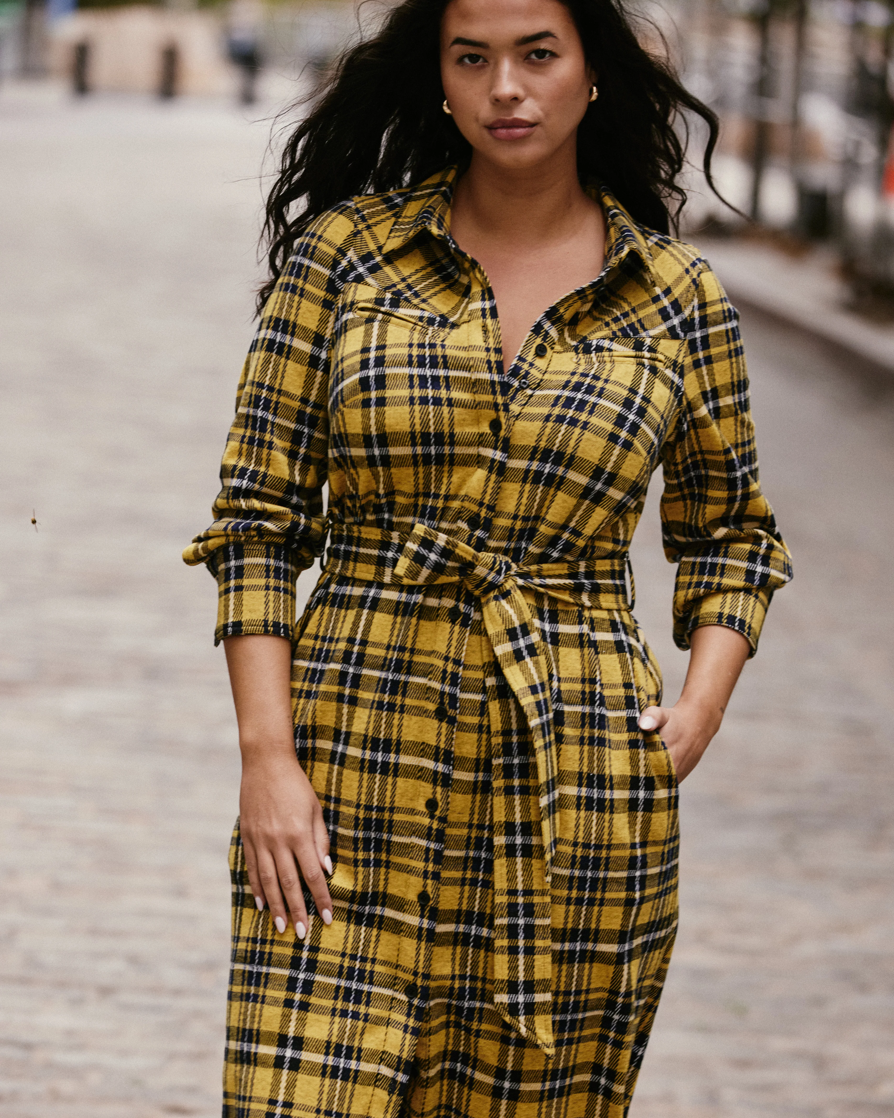 Morgan Belted Stretch Flannel Shirtdress - Chamomile Yellow Plaid