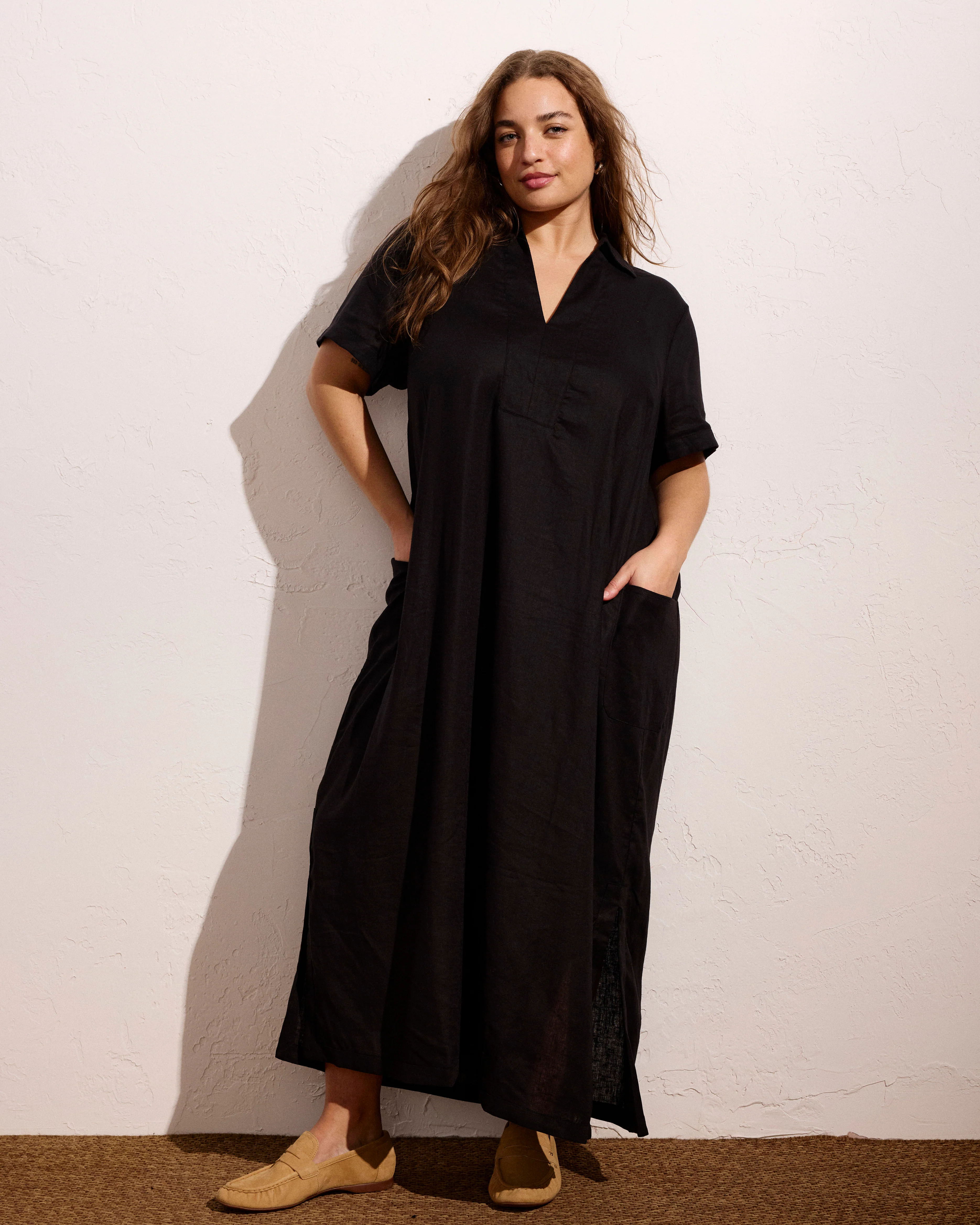 Padma Polo Neck Linen Dress - Black