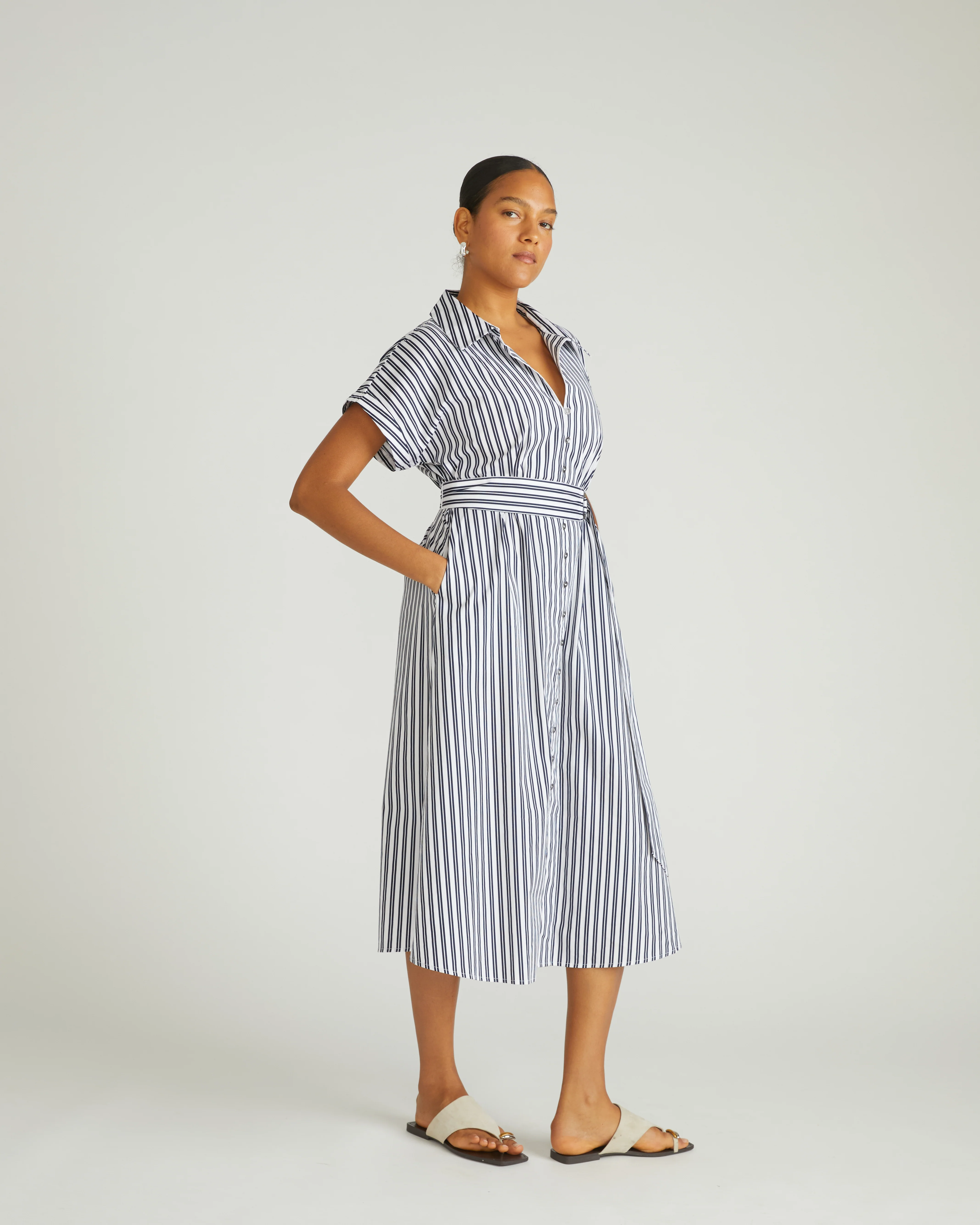 Sandy Stretch Poplin Shirtdress - White/Navy Multi Stripe - Image 3
