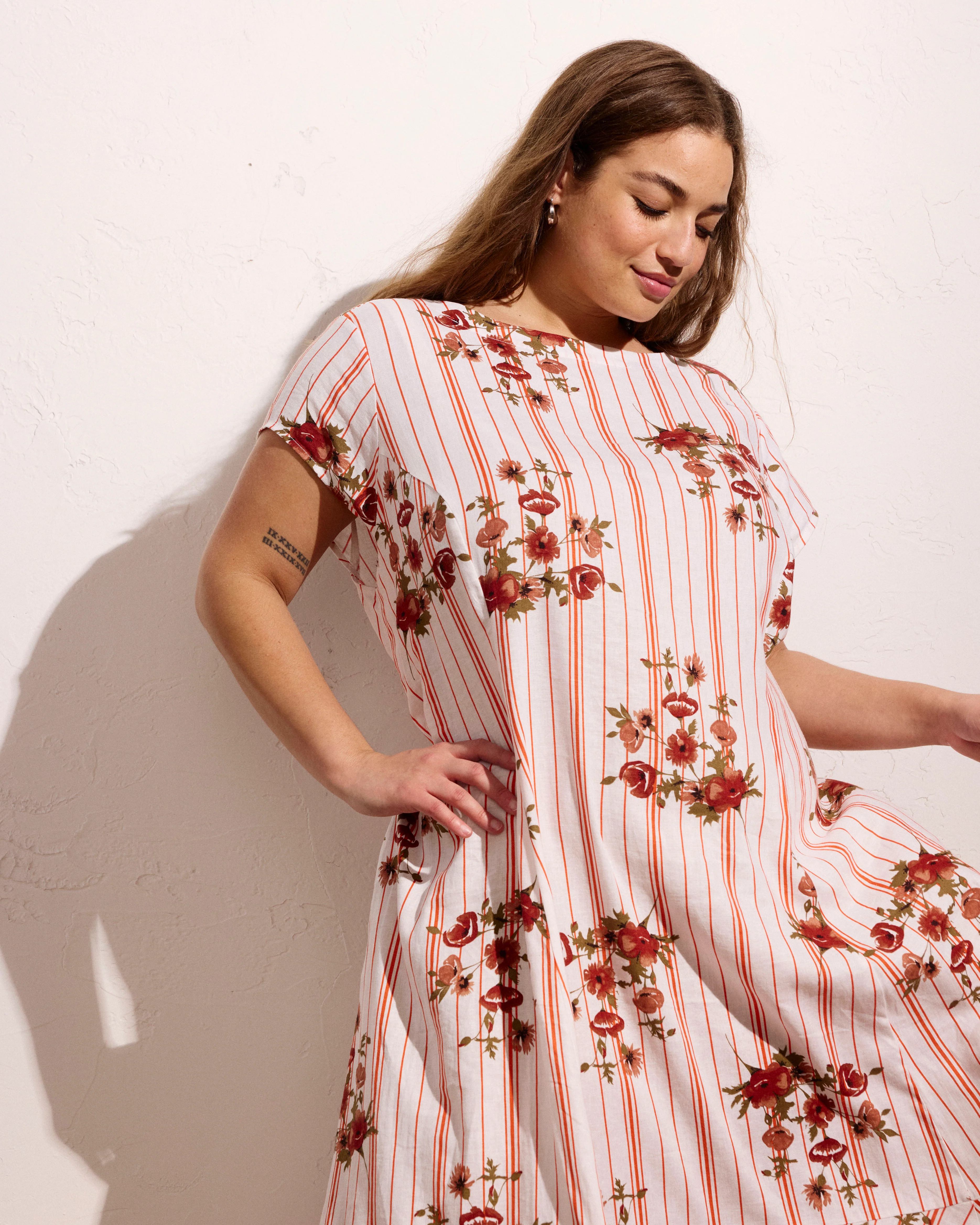 Sunset Linen Flounce Dress - Wild Flower Bouquet Print on Stripes